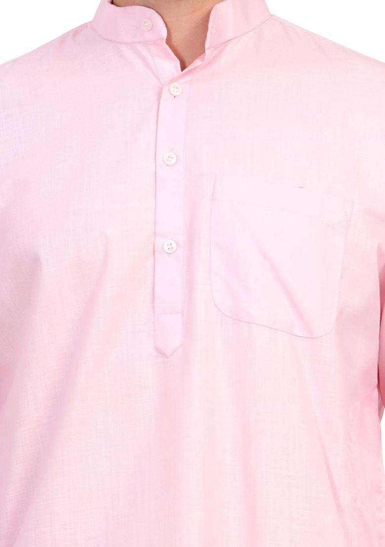 Pink Solid Cotton Kurta Set For Men - Indya