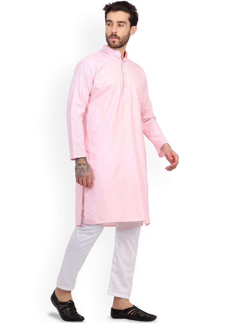 Pink Solid Cotton Kurta Set For Men - Indya