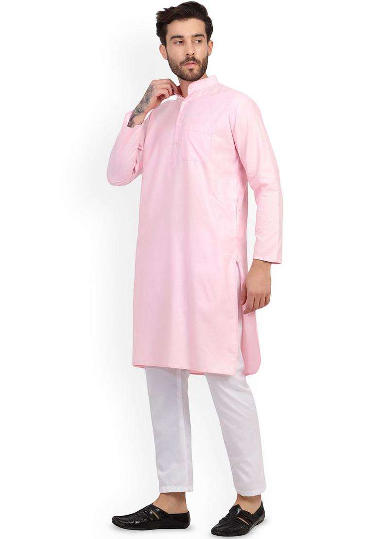 Pink Solid Cotton Kurta Set For Men - Indya