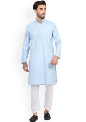Blue Solid Cotton Kurta Set For Men