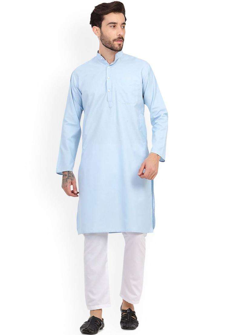 Blue Solid Cotton Kurta Set For Men - Indya