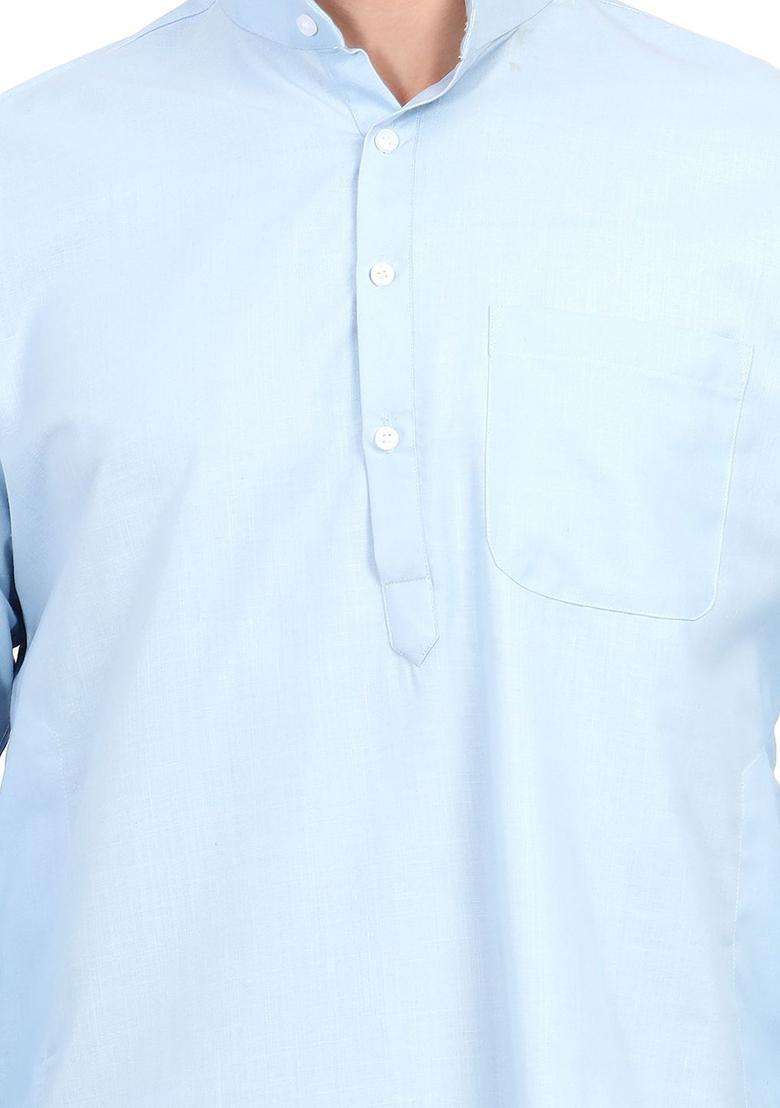 Blue Solid Cotton Kurta Set For Men - Indya