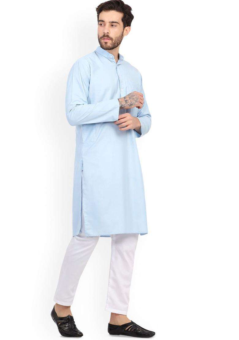 Blue Solid Cotton Kurta Set For Men - Indya