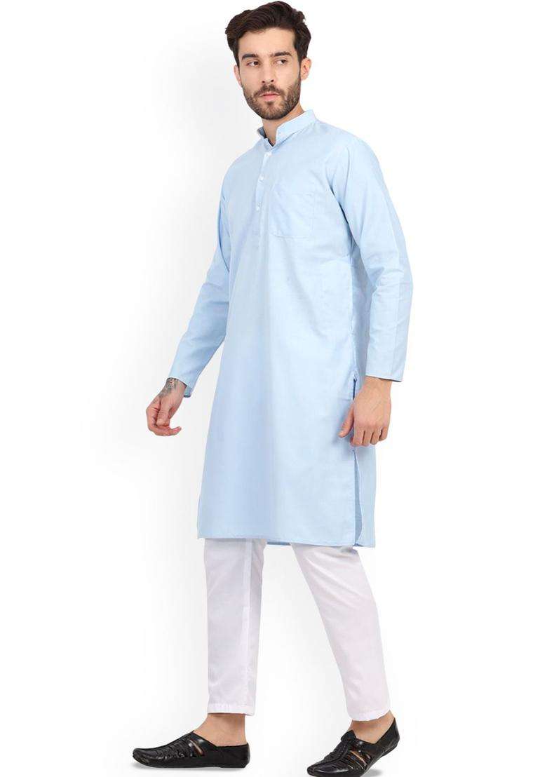 Blue Solid Cotton Kurta Set For Men - Indya
