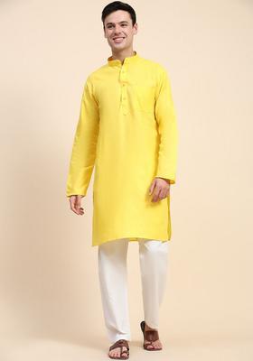 Yellow Solid Cotton Kurta Set For Men