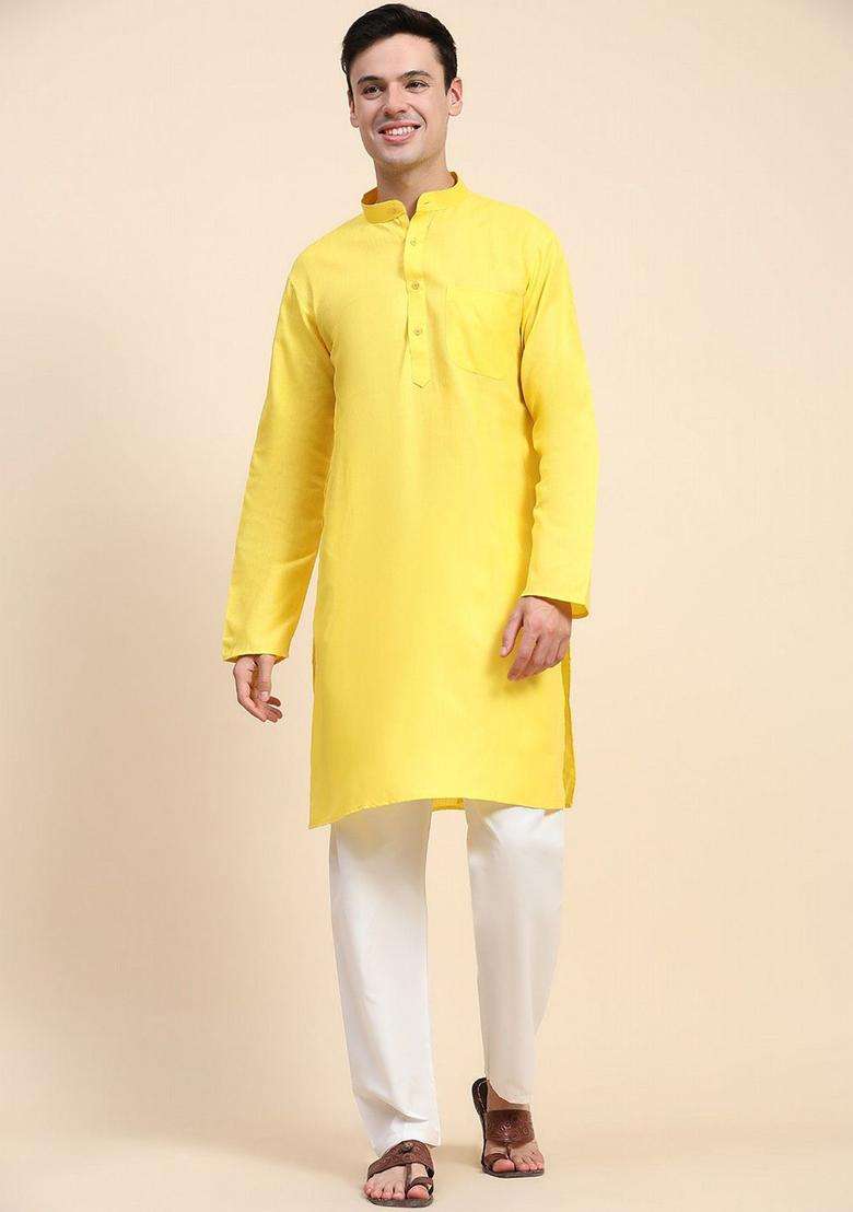 Yellow Solid Cotton Kurta Set For Men - Indya