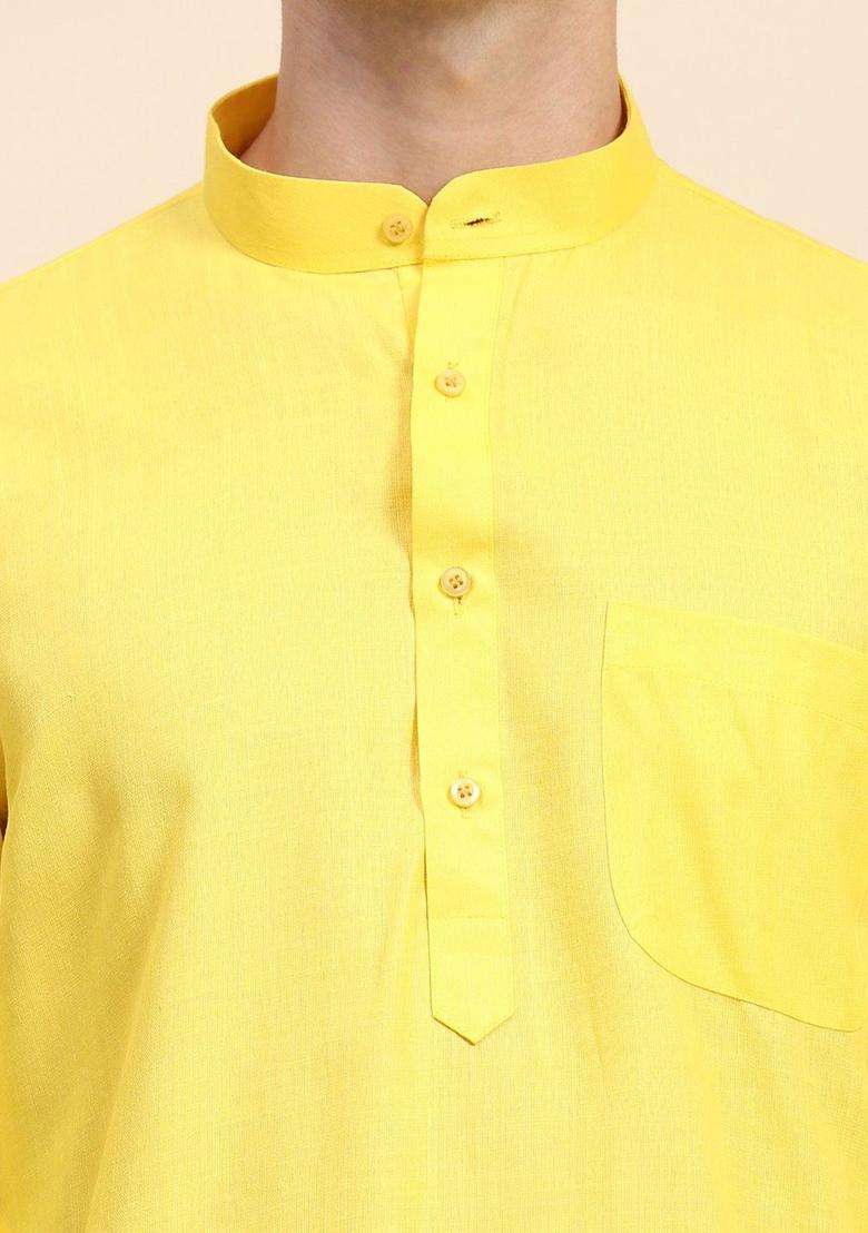 Yellow Solid Cotton Kurta Set For Men - Indya