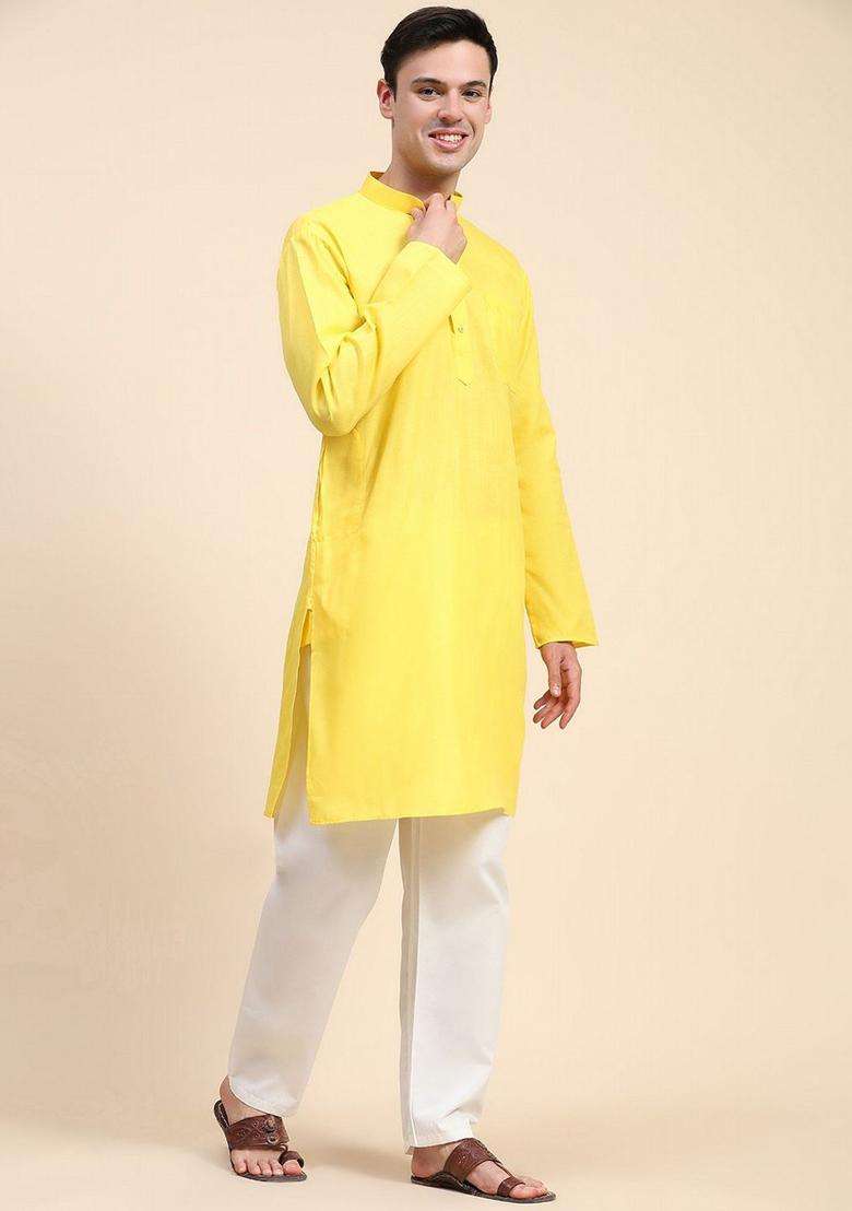 Yellow Solid Cotton Kurta Set For Men - Indya