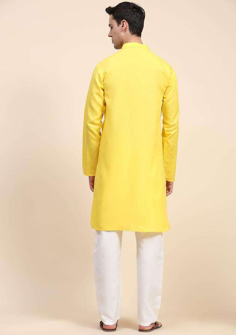 Yellow Solid Cotton Kurta Set For Men - Indya