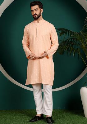 Orange Printed Cotton Kurta Set For Men