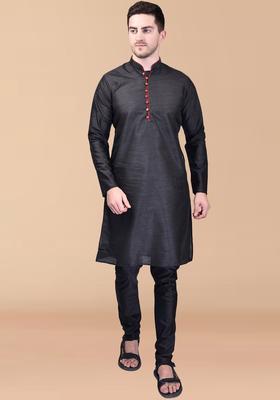 Black Solid Silk Kurta Set For Men