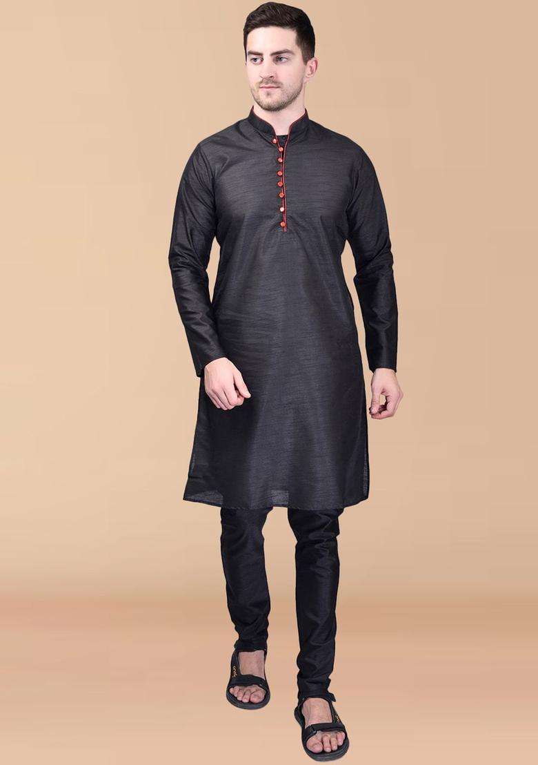 Black Solid Silk Blend Kurta Set For Men - Indya
