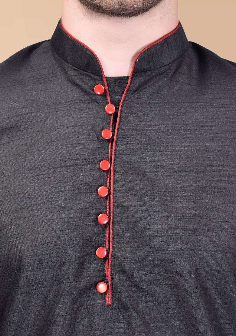 Black Solid Silk Blend Kurta Set For Men - Indya
