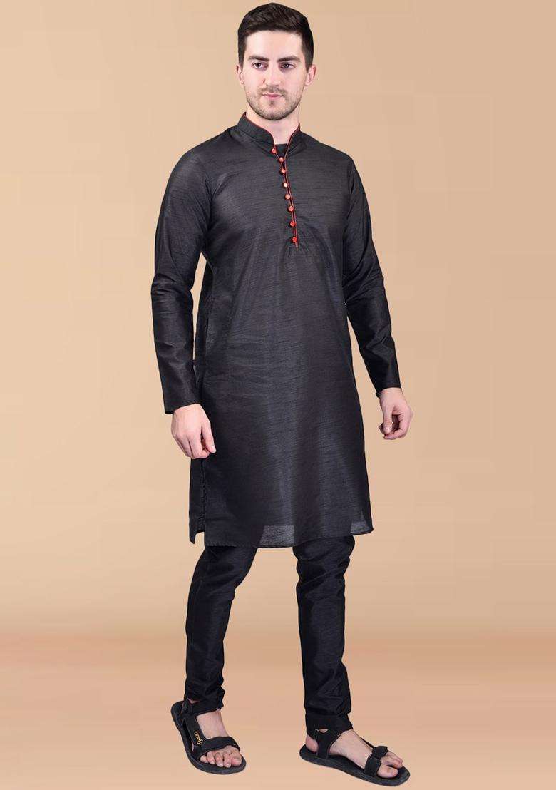 Black Solid Silk Blend Kurta Set For Men - Indya