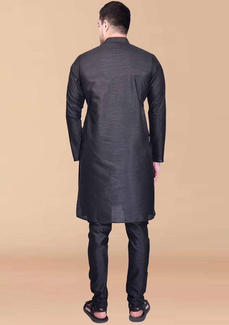Black Solid Silk Blend Kurta Set For Men - Indya
