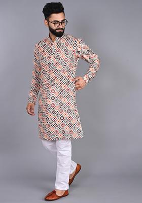 Orange Printed Cotton Kurta Set For Men