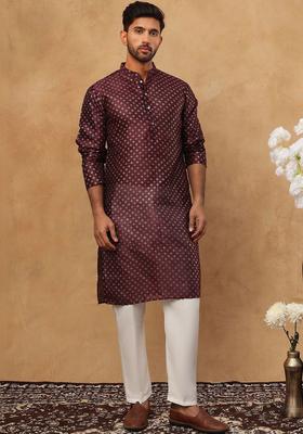 Maroon Woven Design Silk Kurta Set For Men