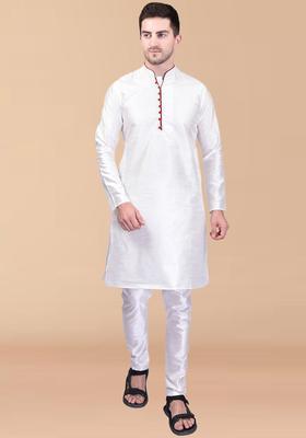 White Solid Silk Kurta Set For Men