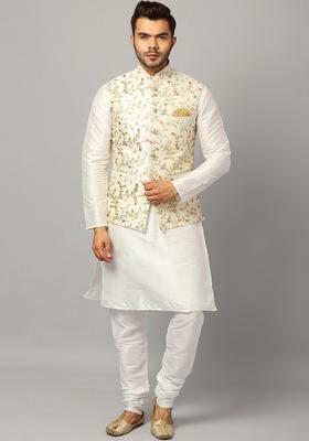 White Solid Silk Kurta Set For Men