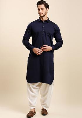 Blue Solid Cotton Kurta Set For Men