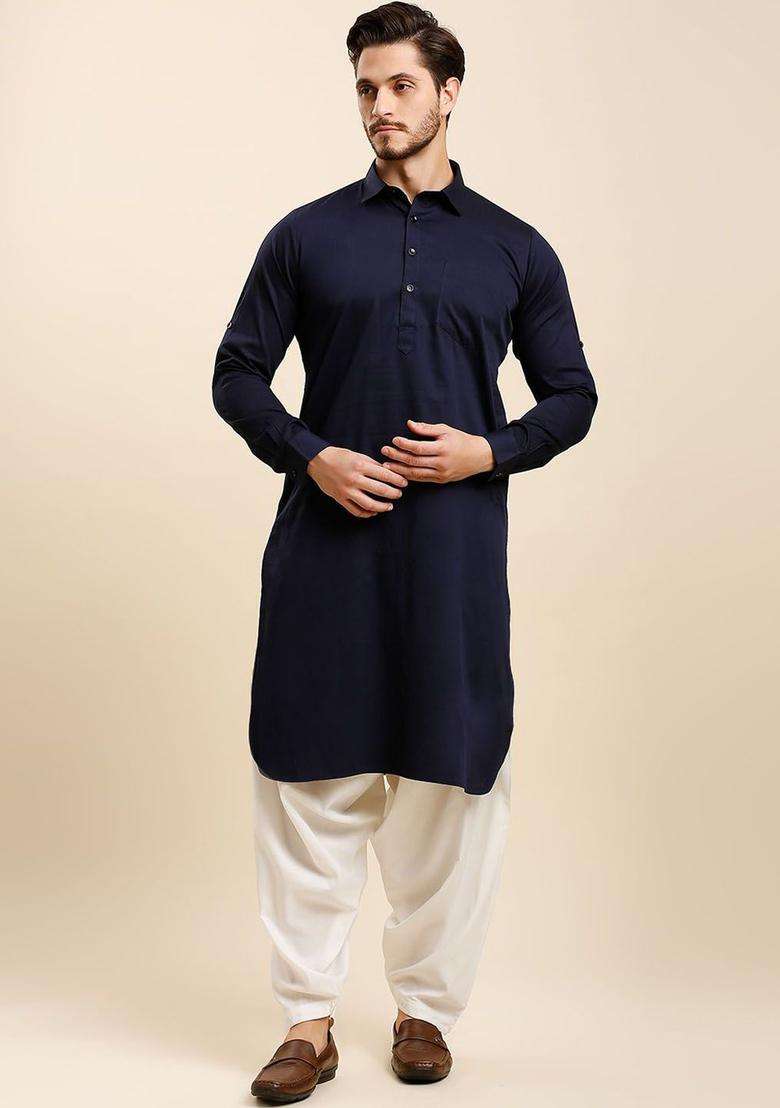 Blue Solid Cotton Kurta Set For Men - Indya