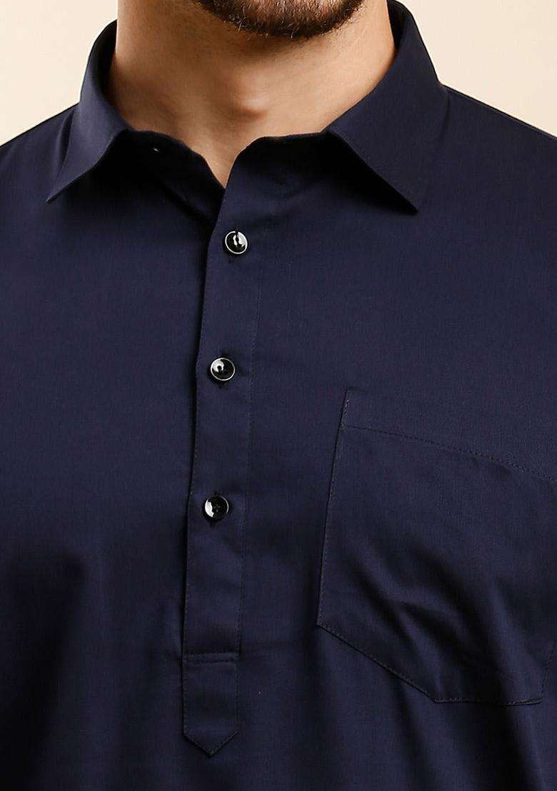 Blue Solid Cotton Kurta Set For Men - Indya