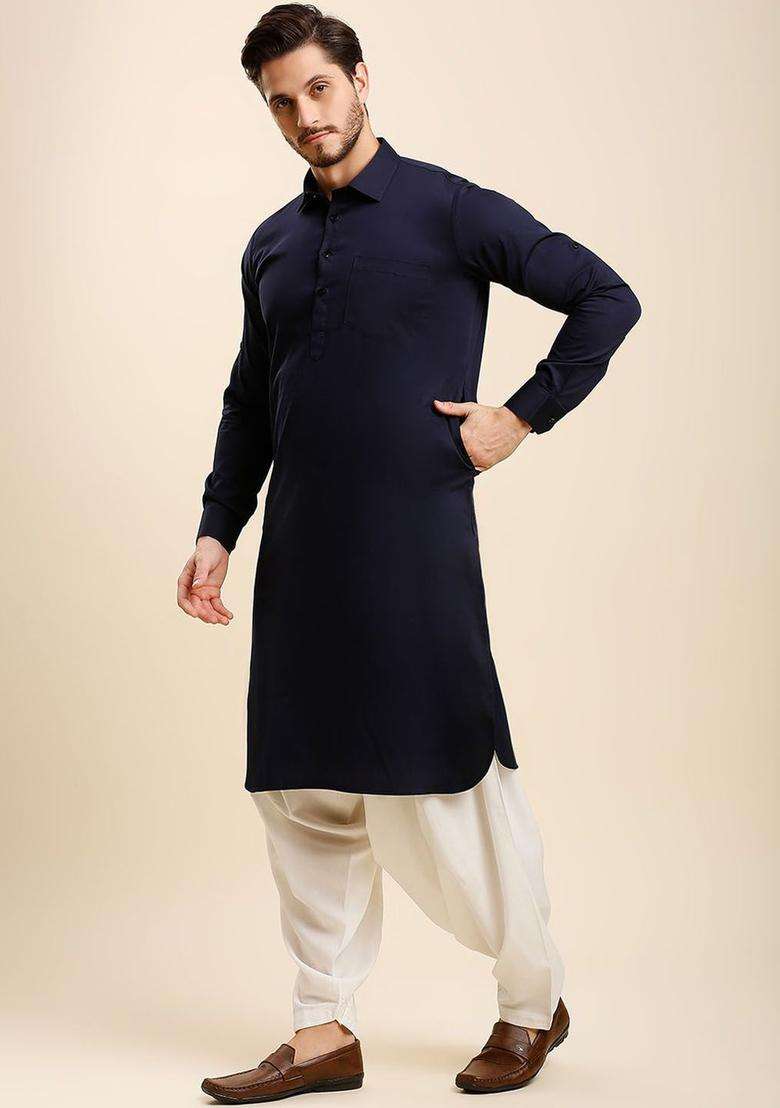 Blue Solid Cotton Kurta Set For Men - Indya