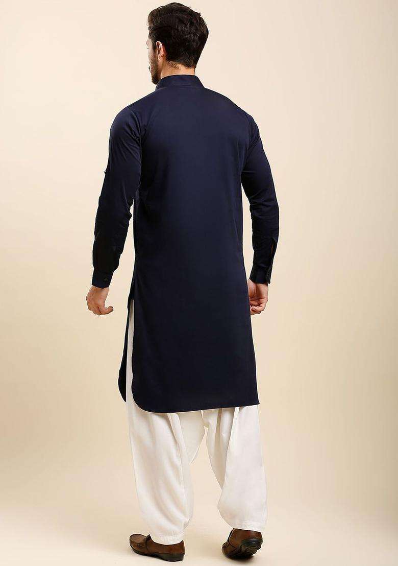 Blue Solid Cotton Kurta Set For Men - Indya