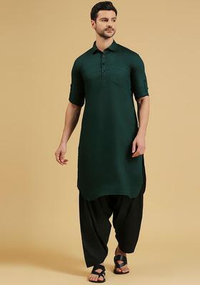 Green Woven Design Cotton Kurta Set For Men