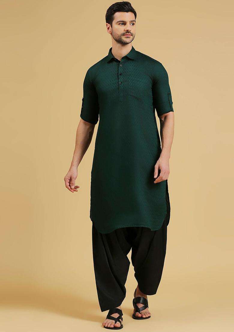 Green Woven Design Cotton Kurta Set For Men - Indya