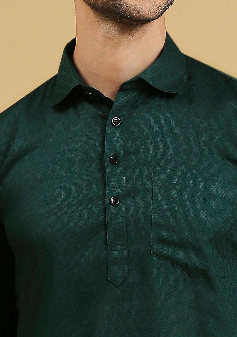 Green Woven Design Cotton Kurta Set For Men - Indya
