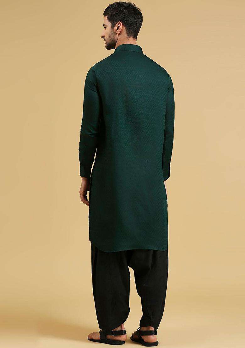 Green Woven Design Cotton Kurta Set For Men - Indya