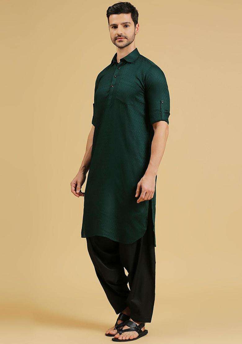 Green Woven Design Cotton Kurta Set For Men - Indya