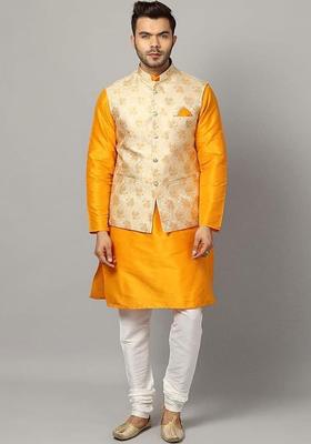 Yellow Solid Silk Kurta Set For Men