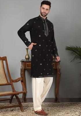 Black Embroidered Silk Kurta Set For Men