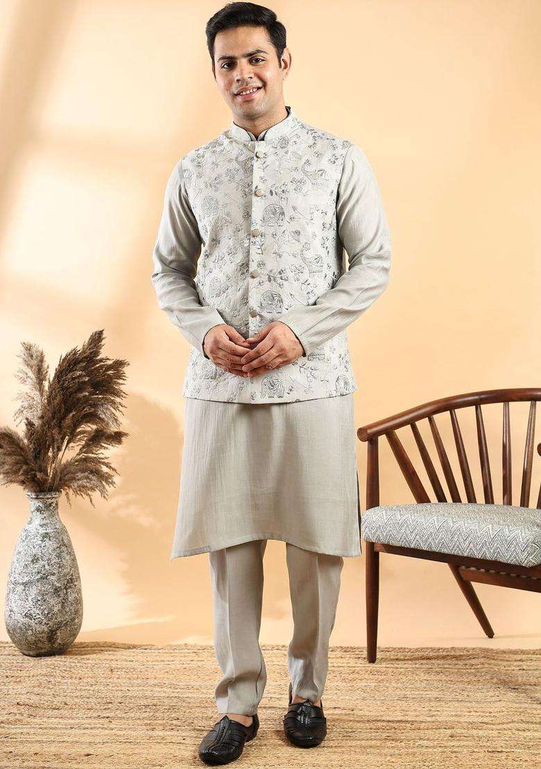 Grey Solid Silk Blend Kurta Set For Men - Indya
