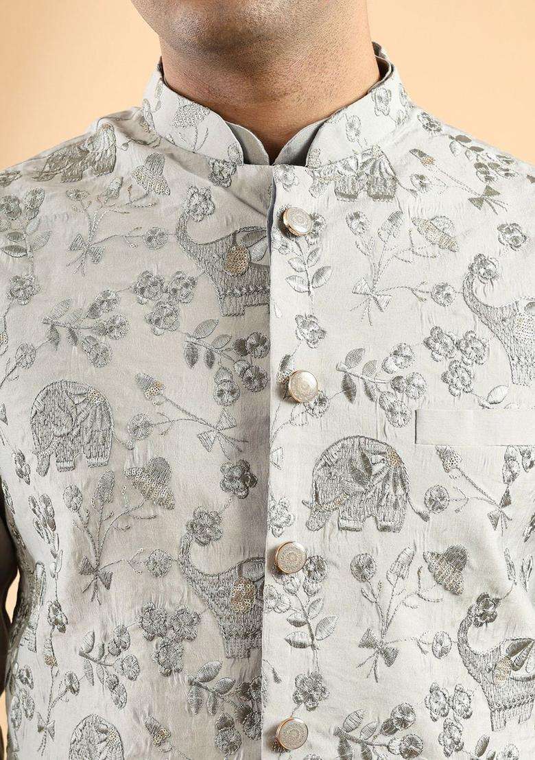Grey Solid Silk Blend Kurta Set For Men - Indya