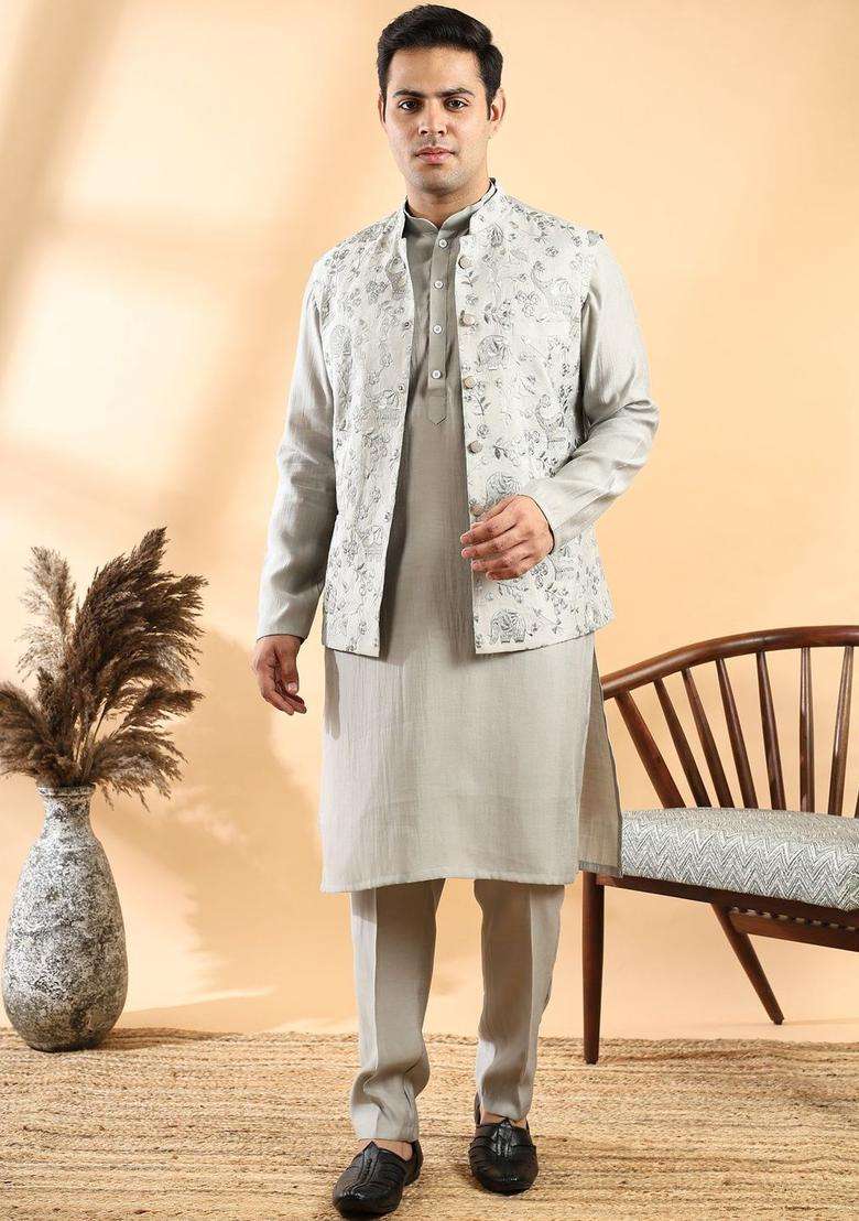 Grey Solid Silk Blend Kurta Set For Men - Indya