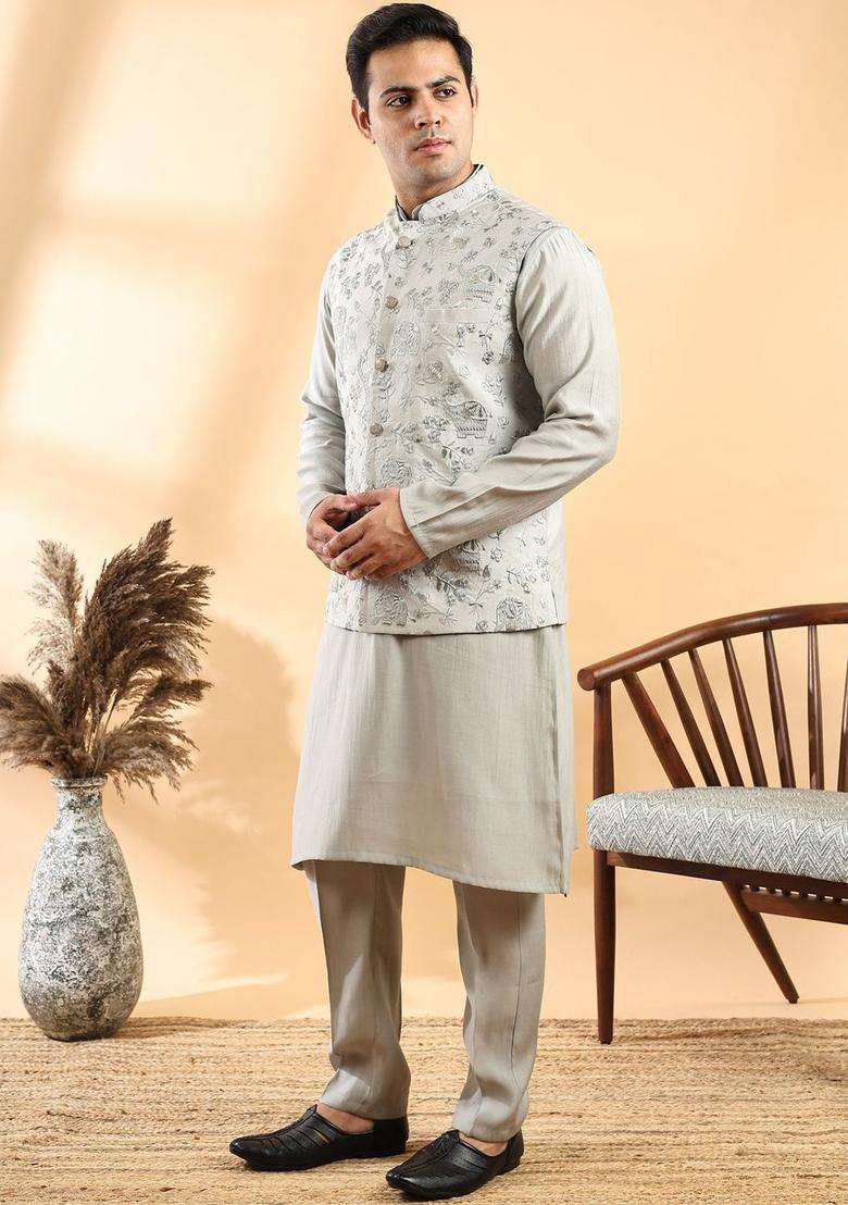 Grey Solid Silk Blend Kurta Set For Men - Indya
