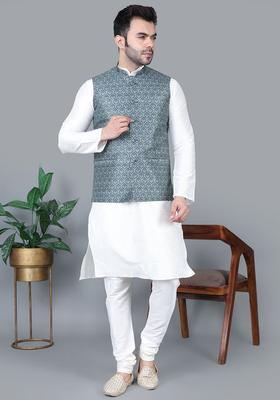 White Solid Silk Kurta Set For Men