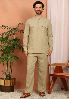 Beige Solid Linen Kurta Set For Men