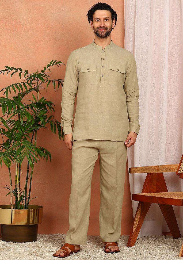Beige Solid Linen Kurta Set For Men - Indya