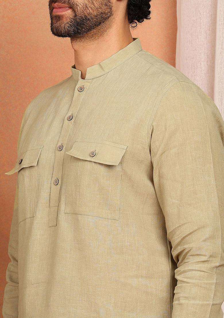 Beige Solid Linen Kurta Set For Men - Indya