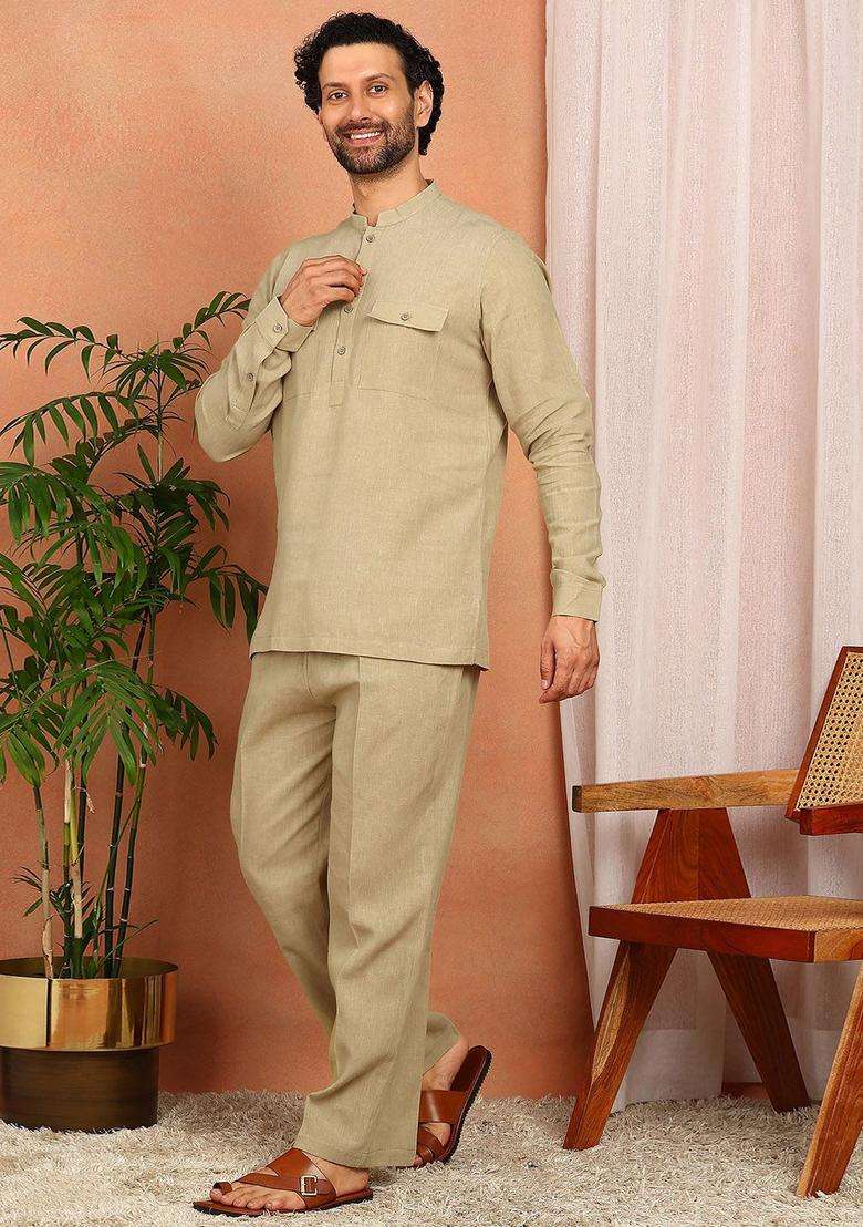 Beige Solid Linen Kurta Set For Men - Indya