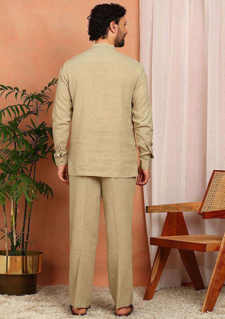 Beige Solid Linen Kurta Set For Men - Indya