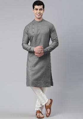 Grey Woven Design Cotton Kurta Set For Men