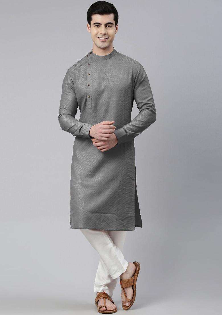 Grey Woven Design Cotton Kurta Set For Men - Indya