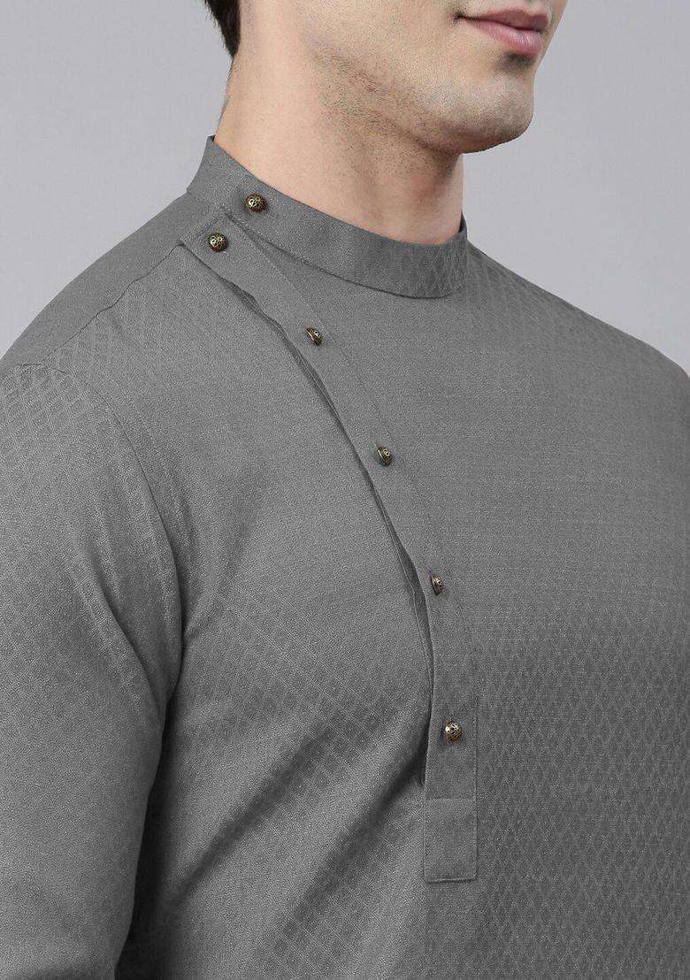 Grey Woven Design Cotton Kurta Set For Men - Indya