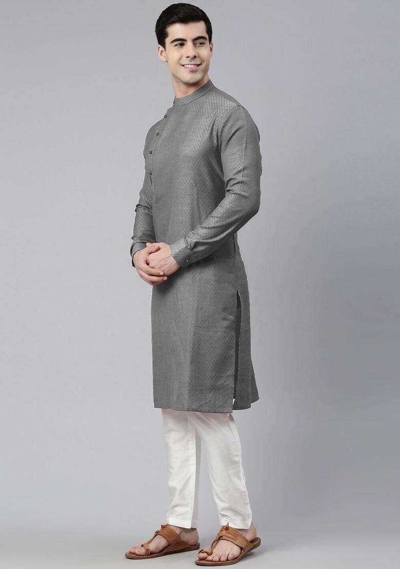 Grey Woven Design Cotton Kurta Set For Men - Indya