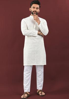 White Embroidered Cotton Kurta Set For Men